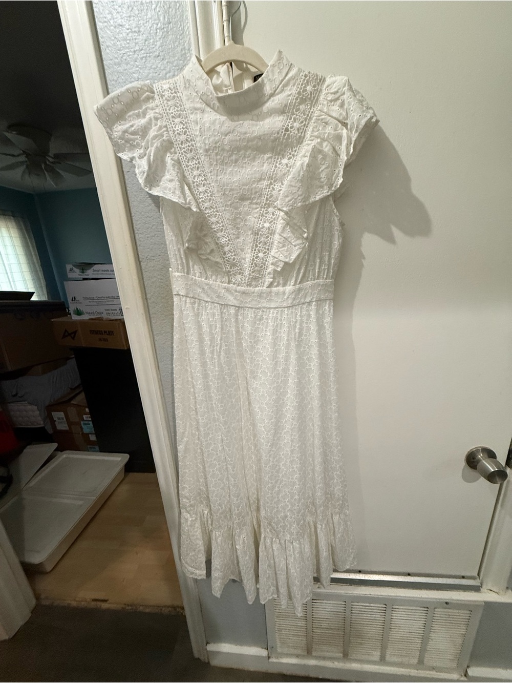 MOTF White Lace Ruffle High-Neck Midi Dress